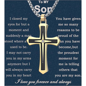 To My Son Faith Cross Necklace – Gift from Mom & Dad with Message Card & LED Box