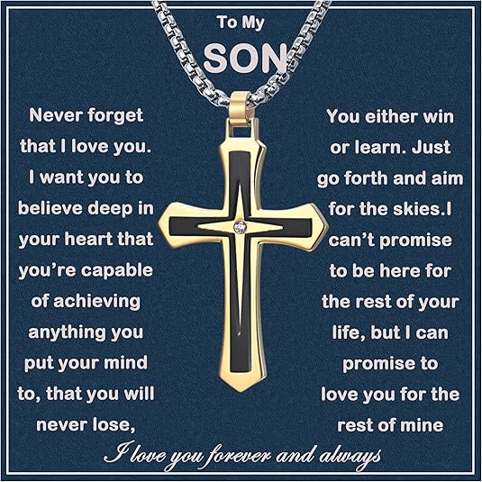 To My Son Faith Cross Necklace – Gift from Mom & Dad with Message Card & LED Box